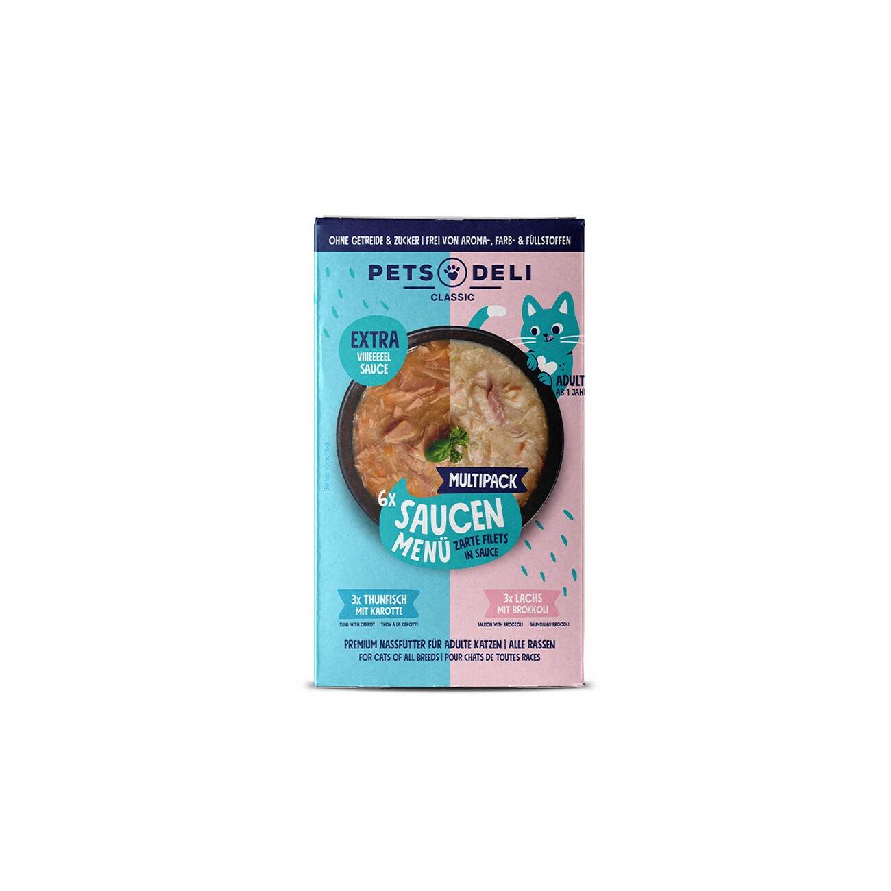 Pets Deli Nassfutter Katze Adult Saucen Menü Multipack Lachs, Thunfisch 6x70g