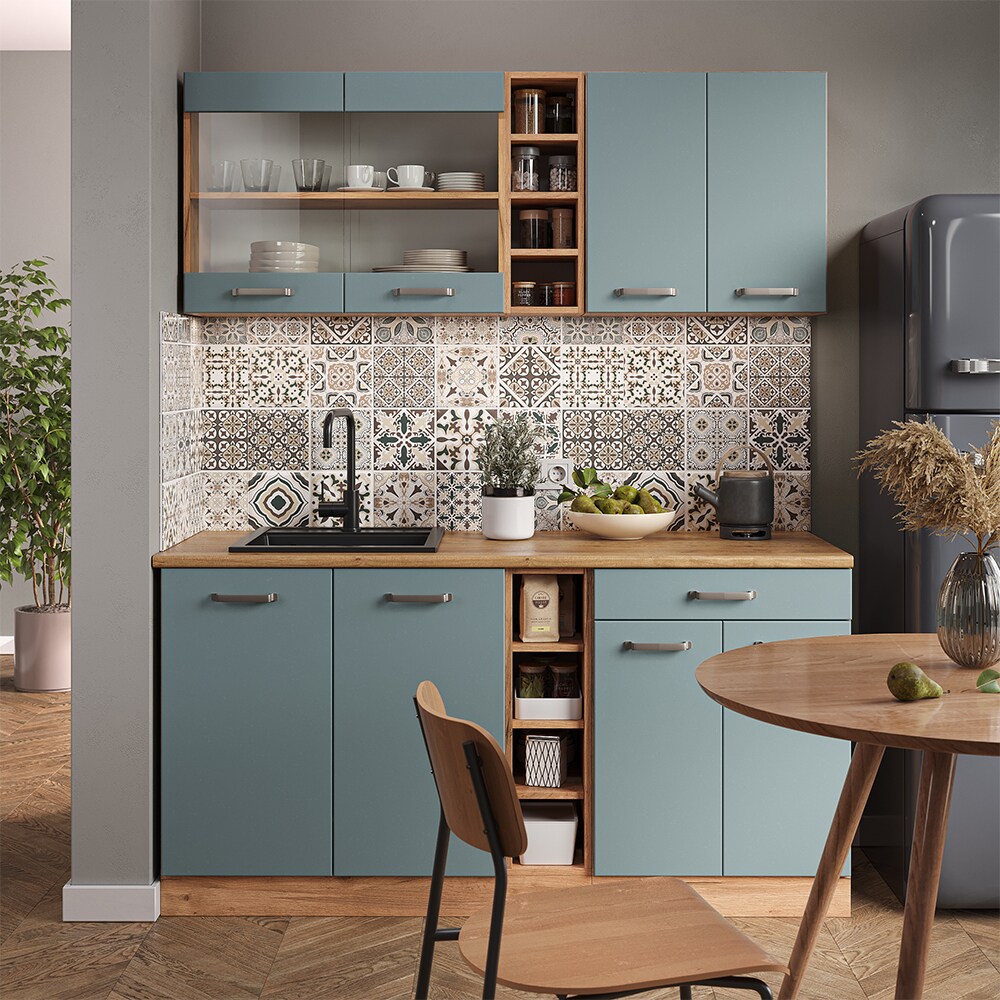 Vicco Küchenzeile R-Line Solid Eiche Blau Grau 160 cm modern Küchenschränke Küchenmöbel