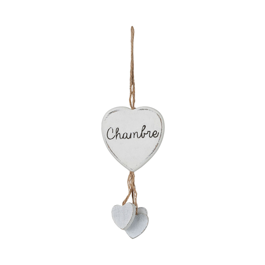 Plaque de porte à suspendre bois blanchi cœur H 19cm