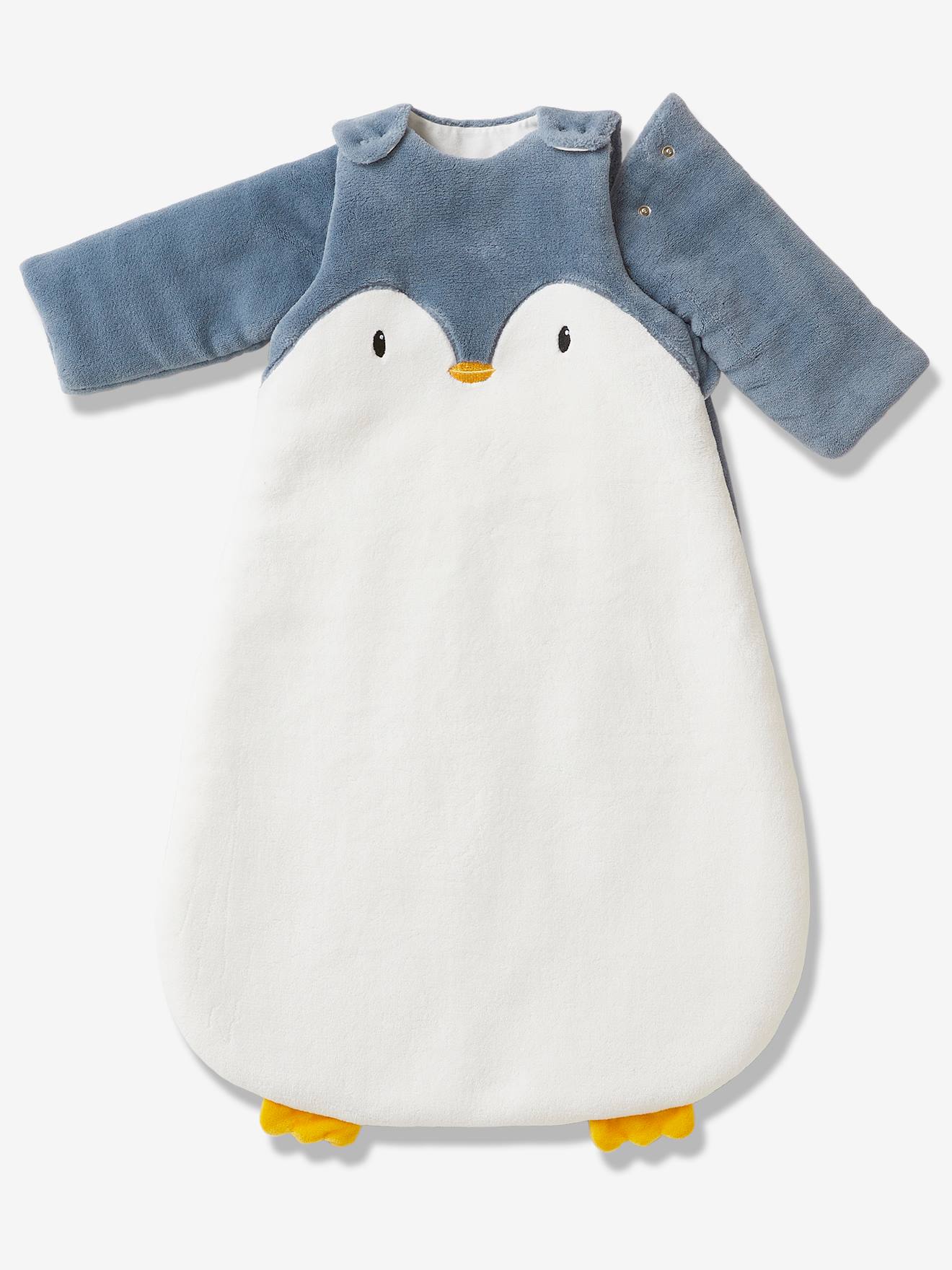 Saco de dormir de microfibra com mangas removíveis. Estampa lisa de pinguim branco claro.