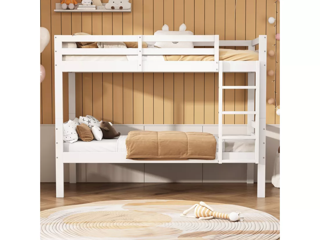 Lit superposé pour enfants avec échelle d'angle à trois niveaux et protection contre les chutes, cadre en pin, blanc, 90x200cm