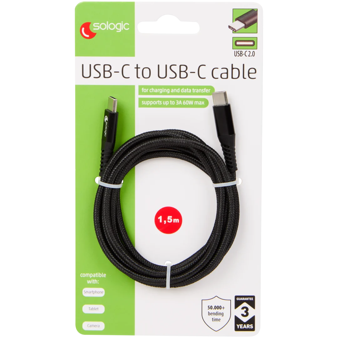 Sologic laad- en datakabel USB-C naar USB-C 1,5 meter | diverse varianten