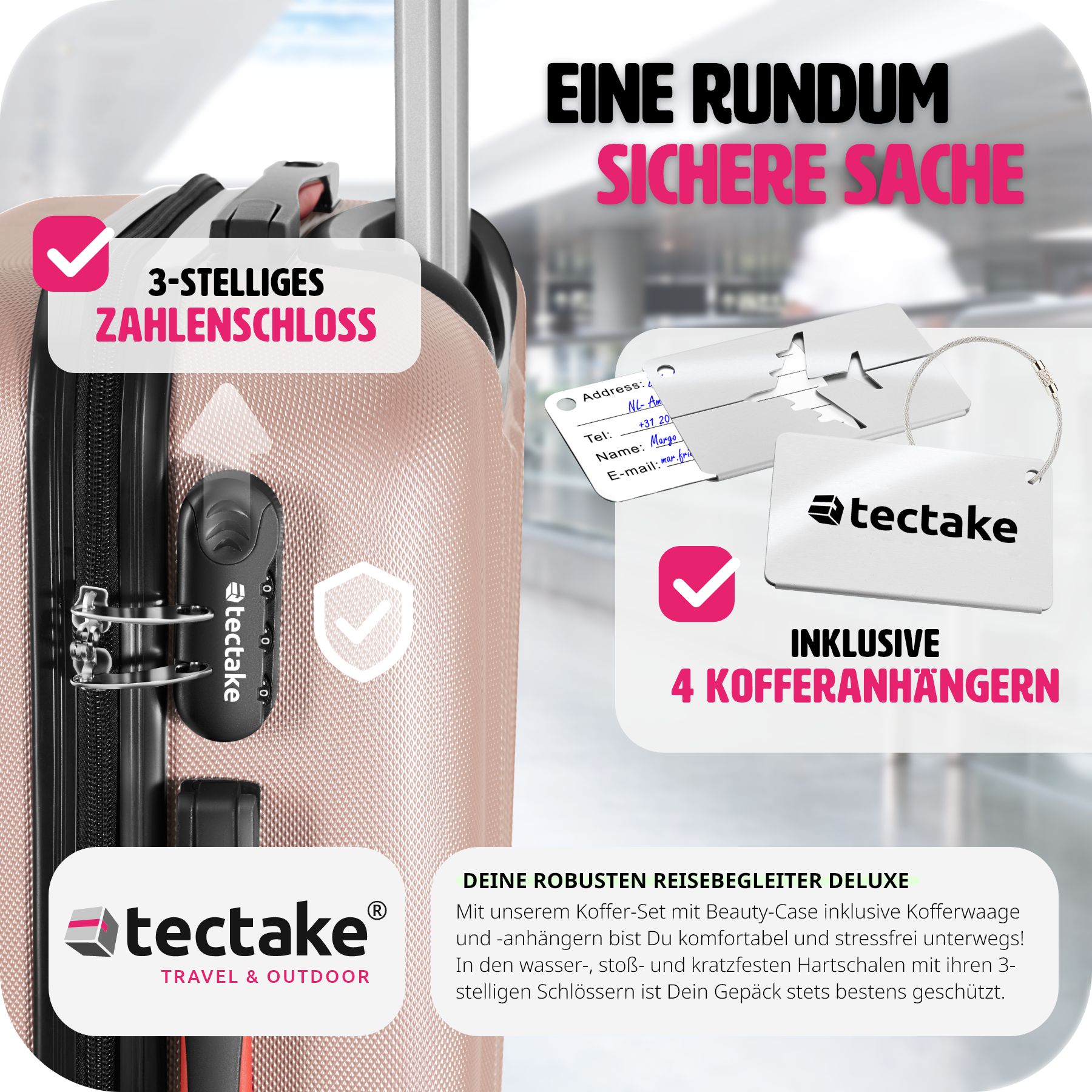 tectake® Hartschalenkoffer-Set, 4-teilig, 3 Trolleys, 1 Beauty Case inkl. Kofferwaage und -anhänger, 360° drehbare, abnehmbare Rollen, mit Sicherheits-Zahlenschloss