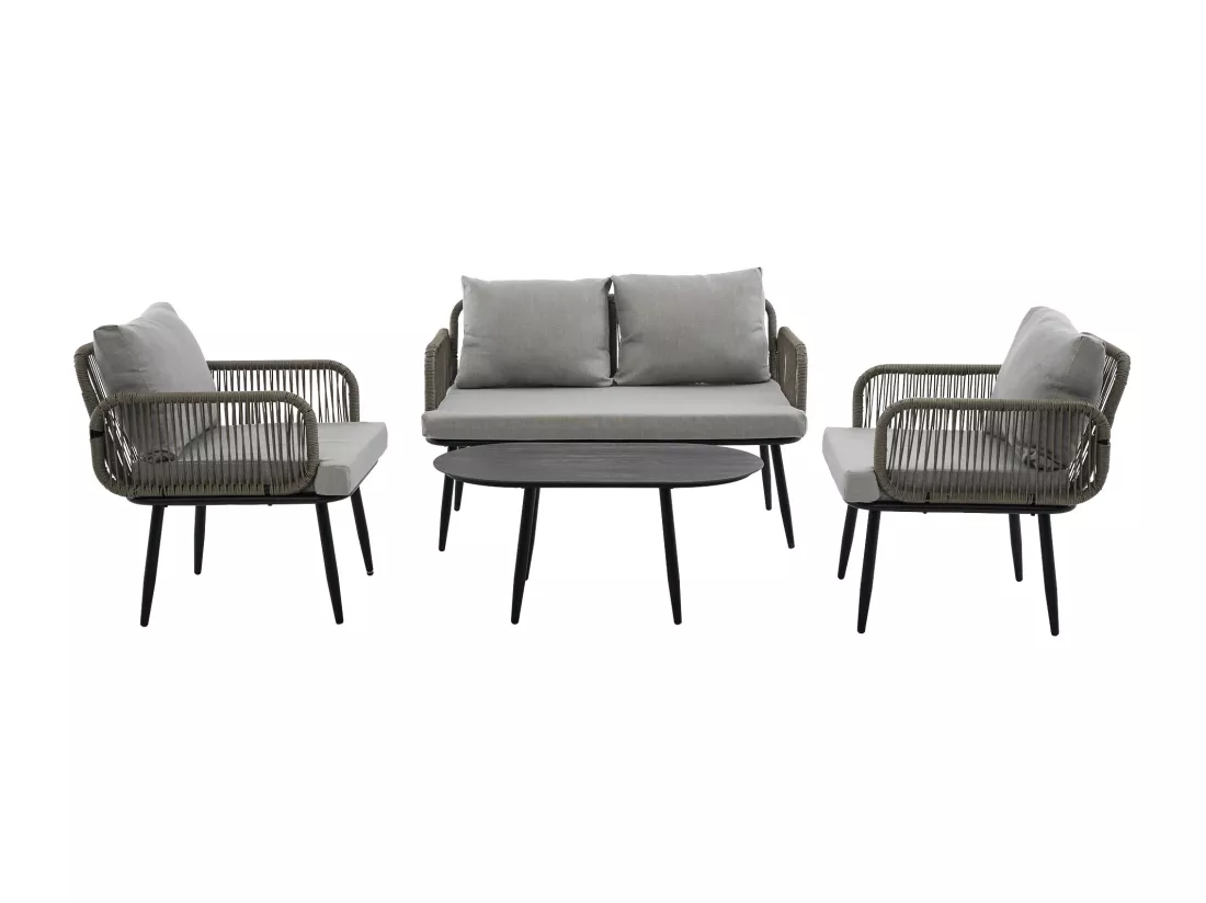 Salon de jardin 4 places - Ensemble de meubles de jardin, canapé + tables basse + 2 fauteuils, tissage en corde épaisse, gris