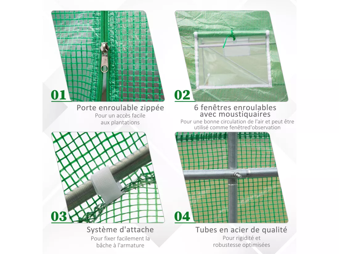 Serre de jardin tunnel 4,5L x 2l x 2H m châssis tubulaire acier galvanisé renforcé 1,8 cm 6 fenêtres 1 porte vert