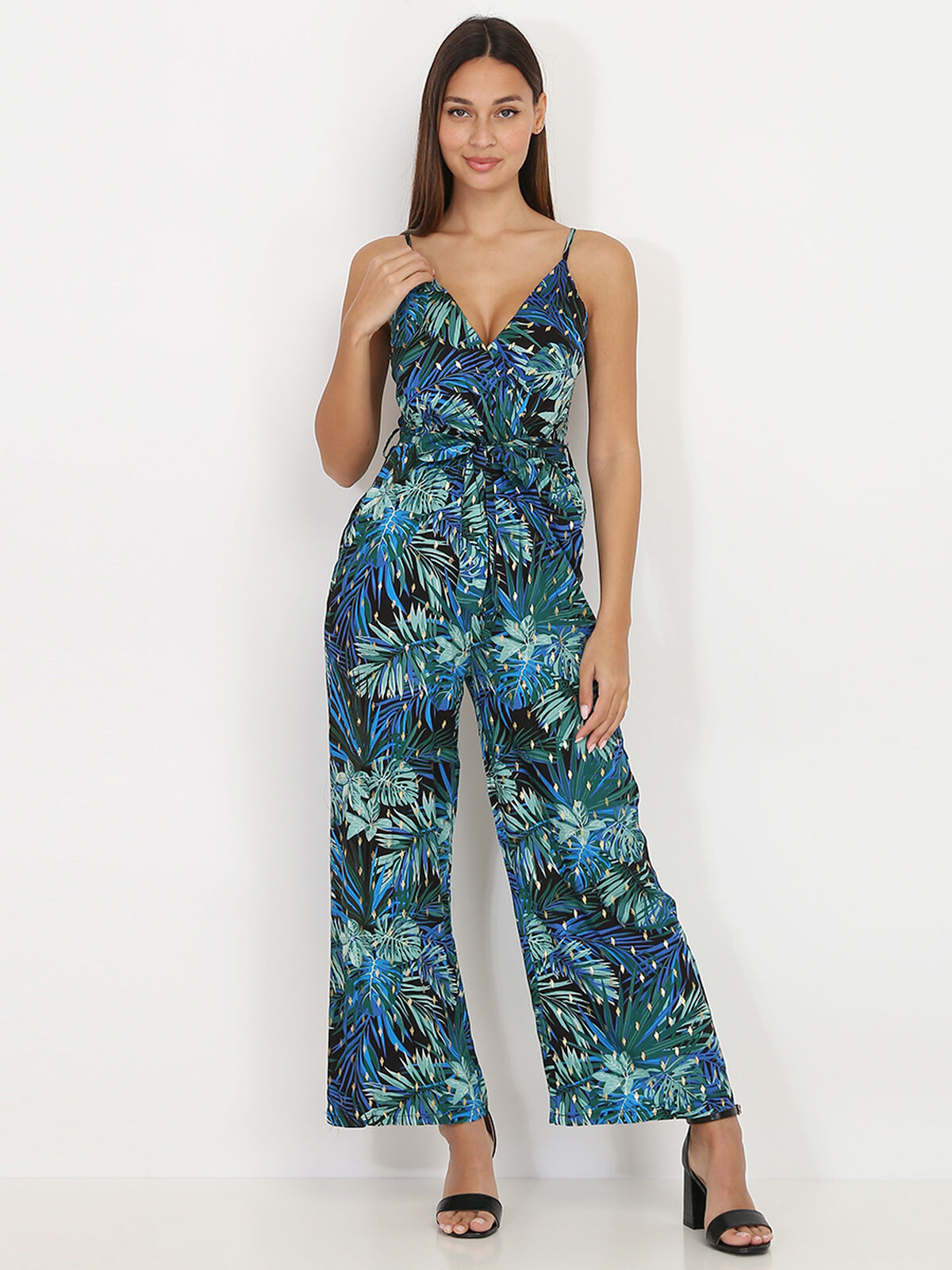 Combinaison pantalon à imprimé feuilles- Noir