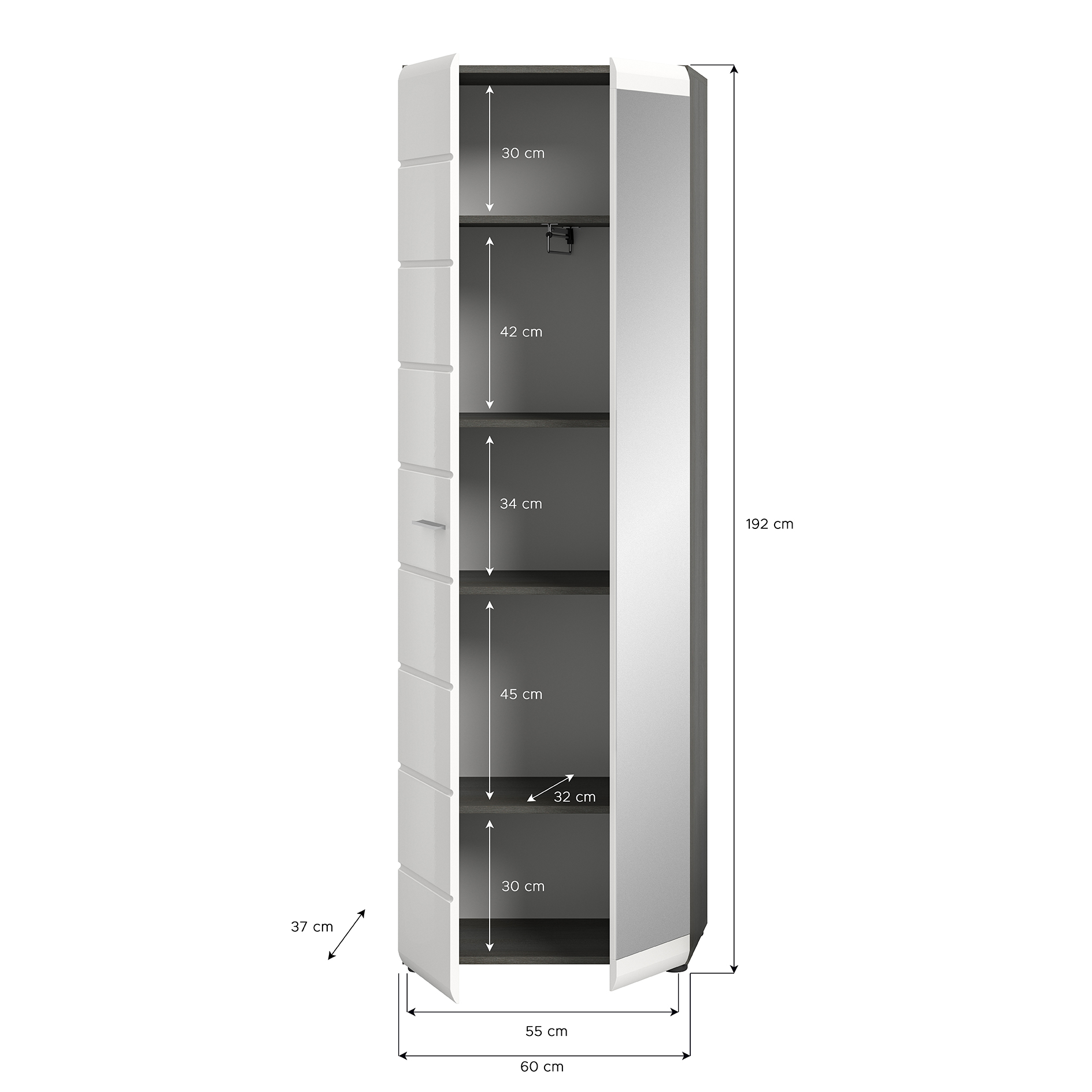 Garderobenschrank SALSA - rauchsilber-weiß Hochglanz - 60 cm