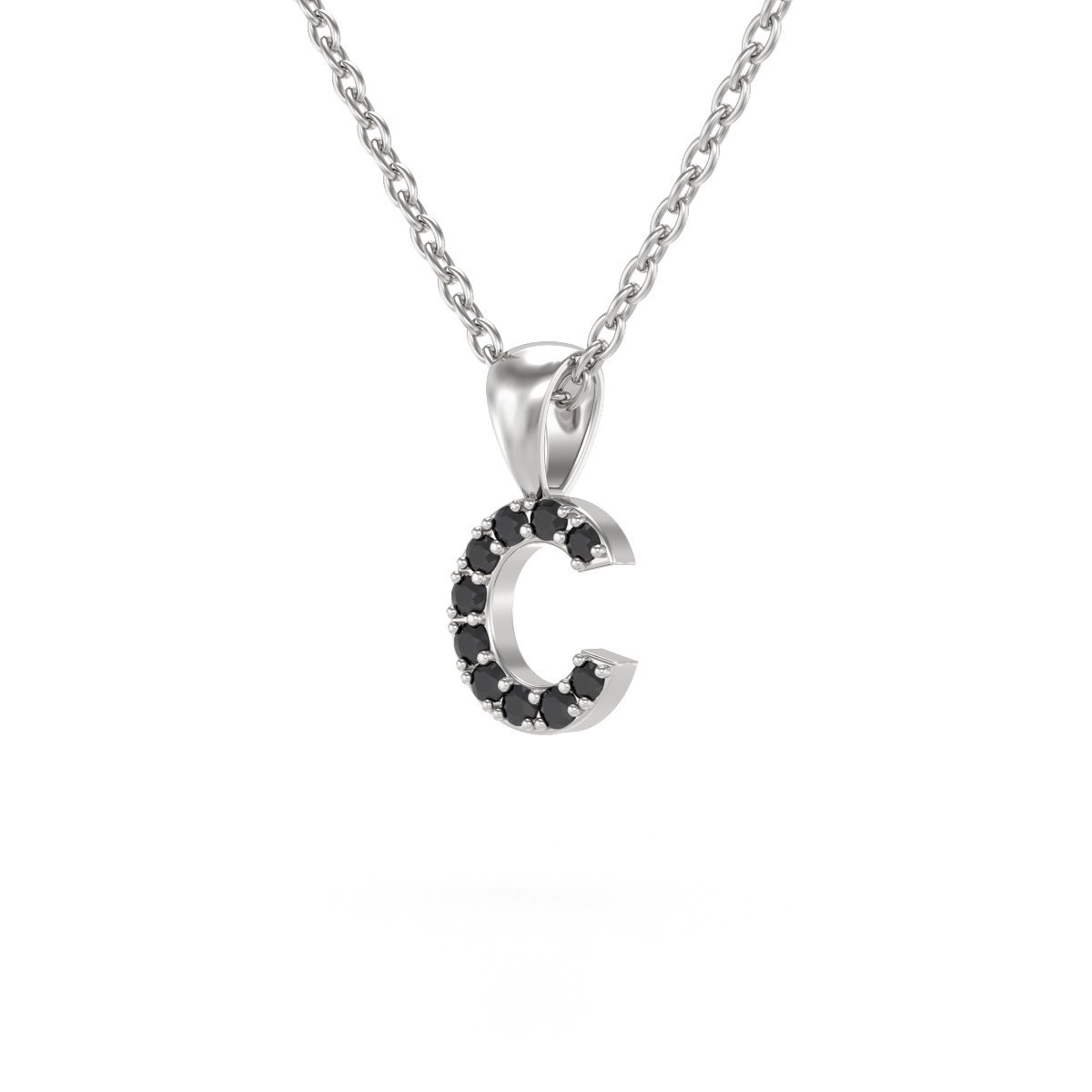 Collier Pendentif ADEN Lettre C Or 750 Blanc Diamant Noir Chaine Or 750 incluse 0.72grs