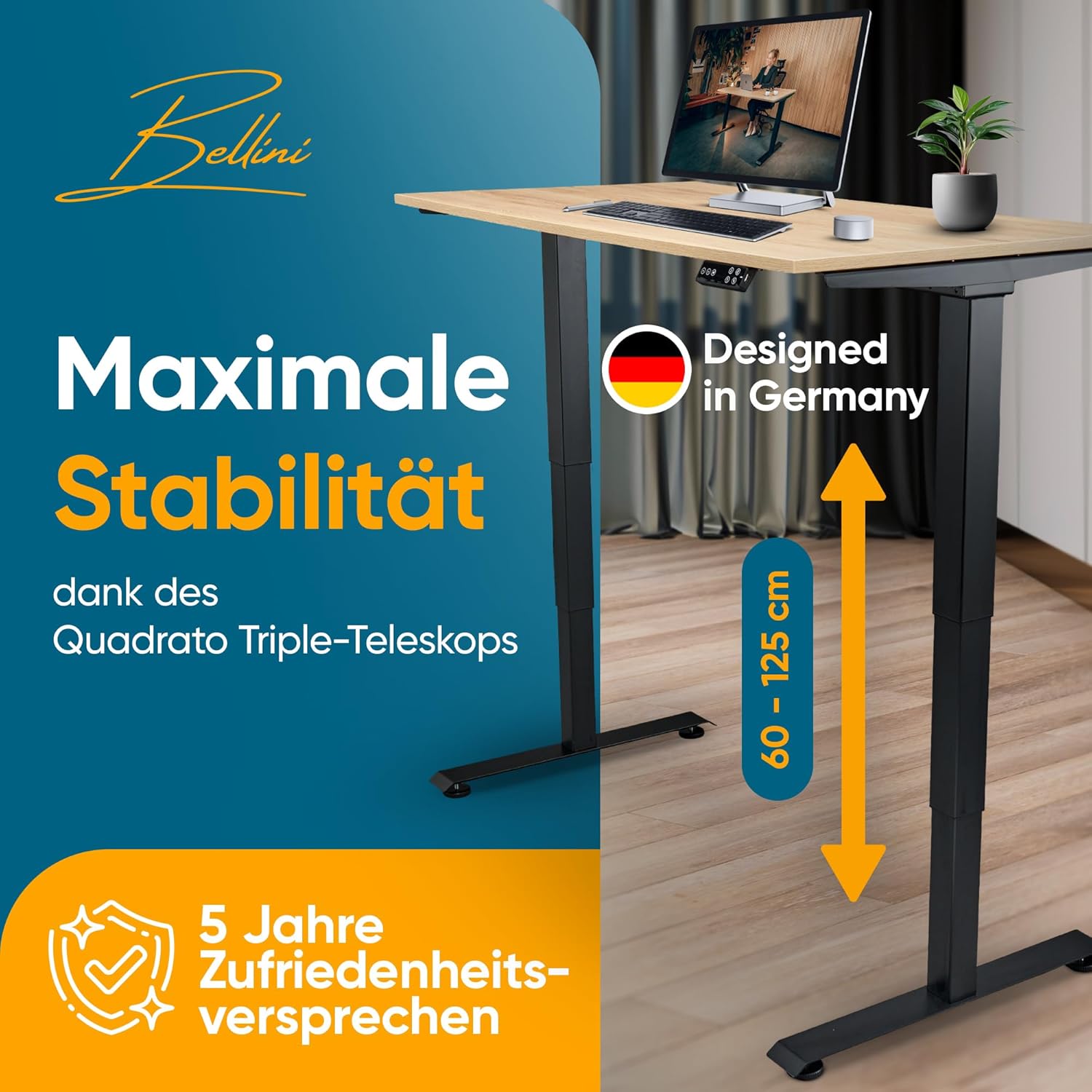 Bellini Höhenverstellbarer Schreibtisch Gestell-Tischgestell - Tischbeine elektrisch für alle Tischplatten | Schreibtischgestell sehr stabil mit Kollisions-Sensor-Memory - 60 bis125 cm - TÜV