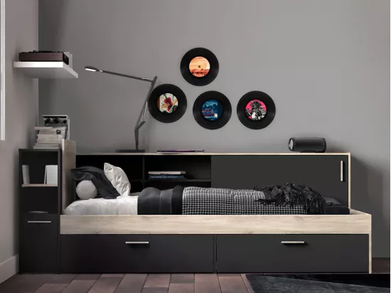 Lit modulable 90 x 190/200 cm avec rangements - Noir et naturel - LIARA