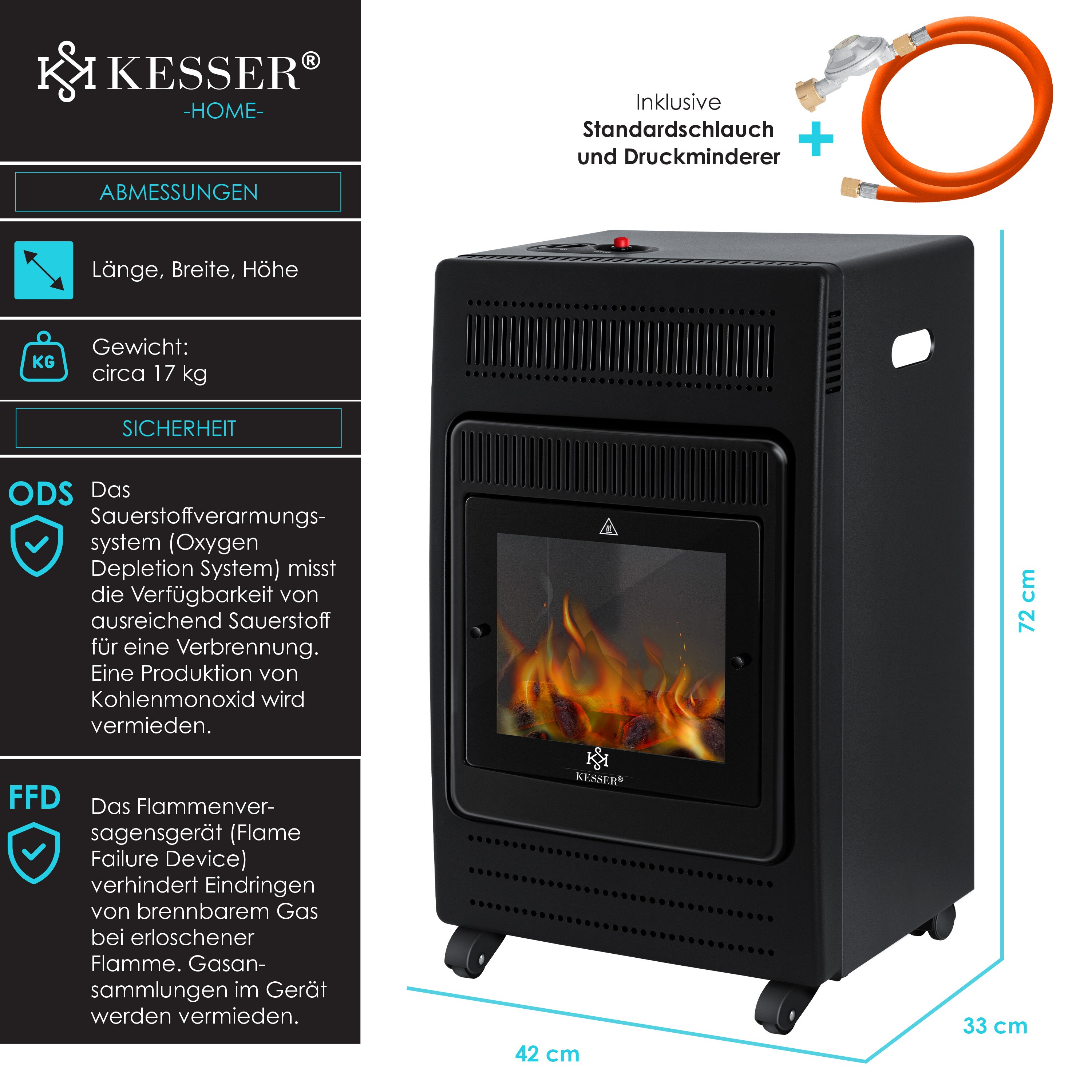 KESSER® Gasheizer Gasheizofen Heizstrahler 3,4 kW Gas Kamininkl. Gasdruckregler & Gasschlauch 2 Heizstufen Infrarot3400W Gasheizstrahler Gasheizung Butan- oder Propangasflaschen bis 11kg Schwarz