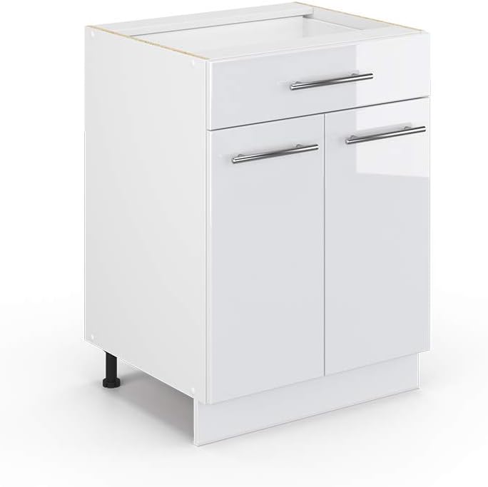 Vicco Küchenunterschrank Fame-Line, Weiß Hochglanz/Weiß, 60 cm mit Schublade, ohne Arbeitsplatte