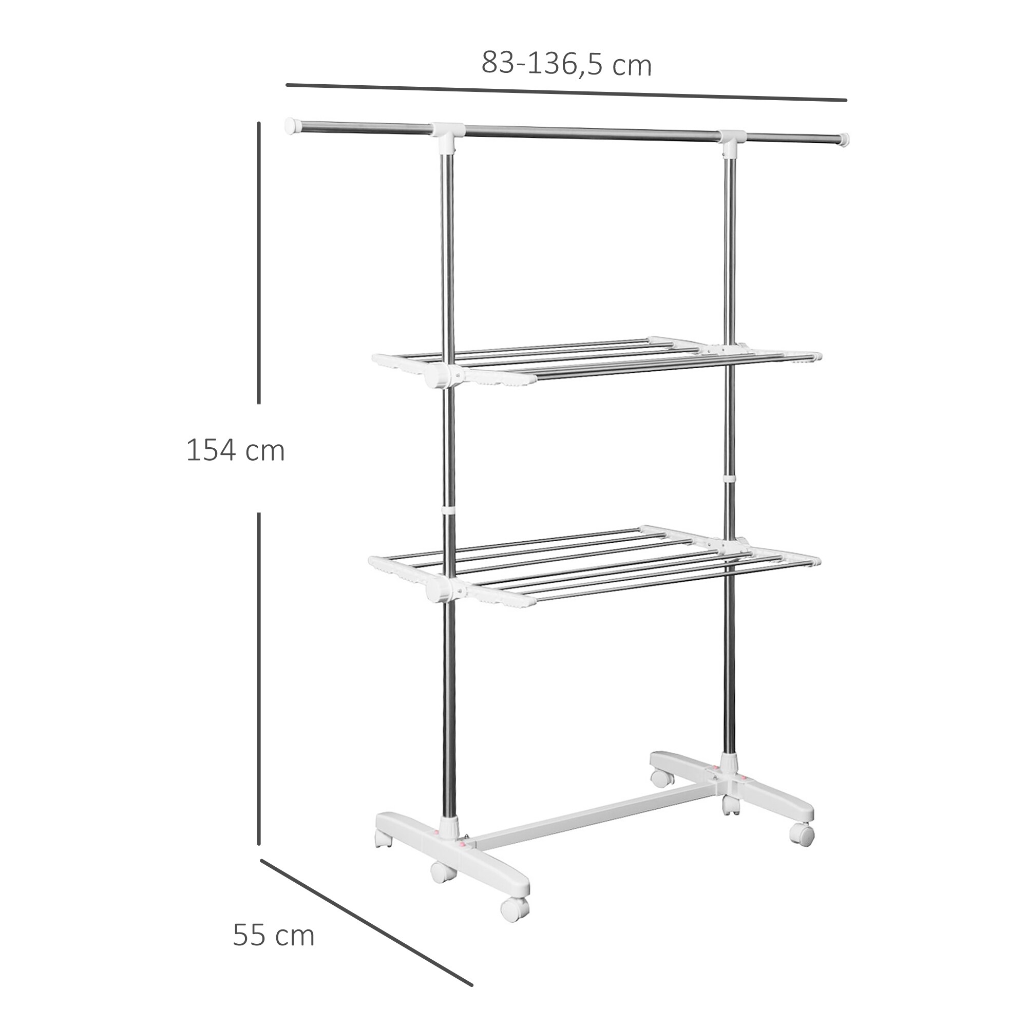 HOMCOM Turmwäscheständer mit 2 Ebenen silber (83-140) x 62 x 139 cm (LxBxH)
