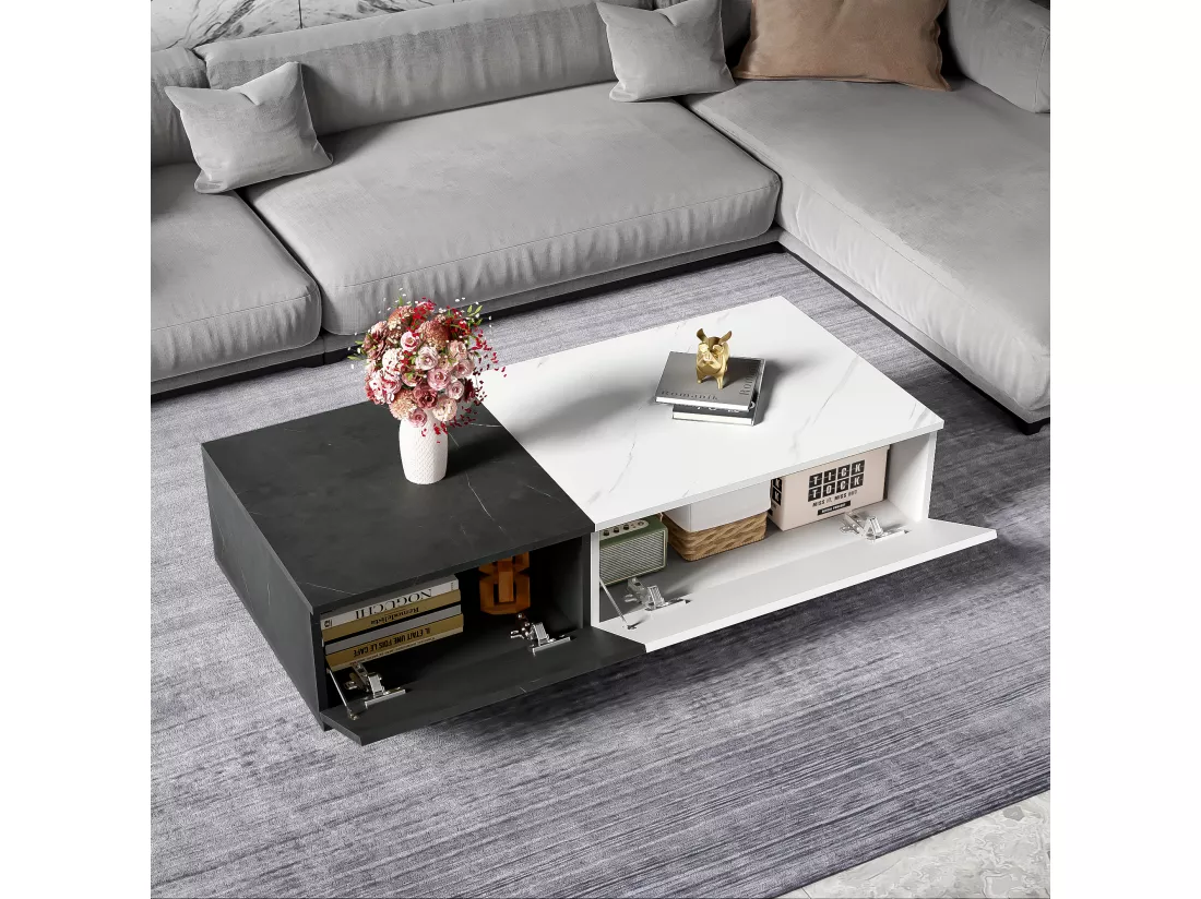 Table basse - 2 portes abattantes - effet marbre - Blanc & Gris