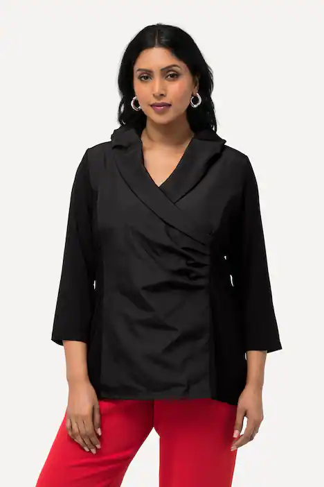 Shirt, Taft-Kragen, Classic, V-Ausschnitt, 3/4-Arm, schwarz