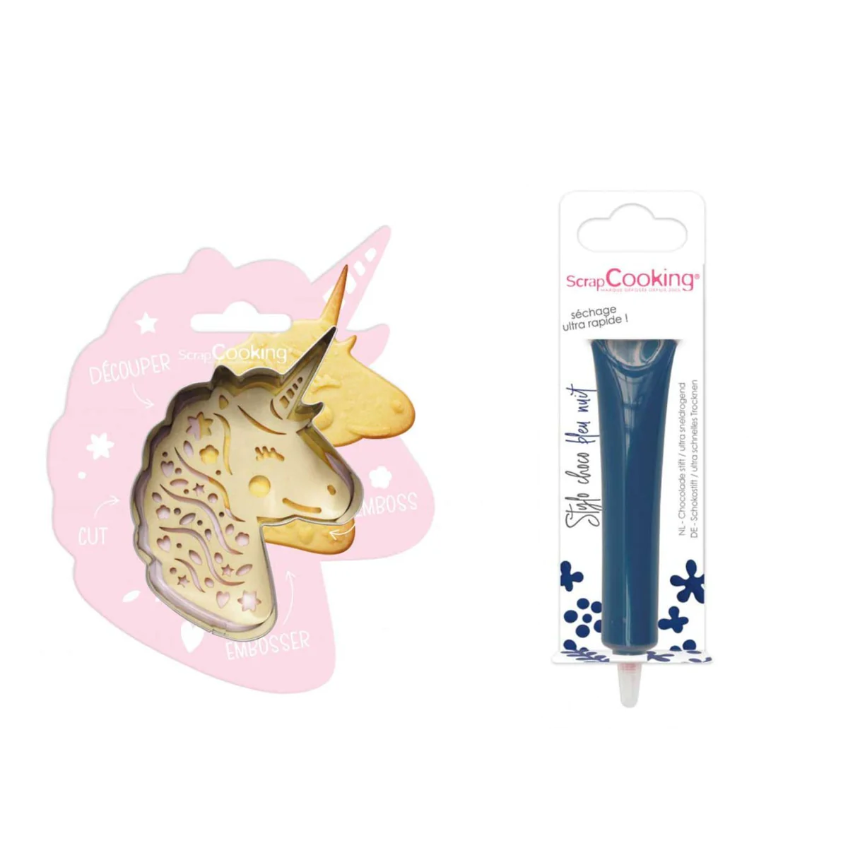 Kit pour biscuit en relief Licorne + Stylo au chocolat bleu nuit Scrap