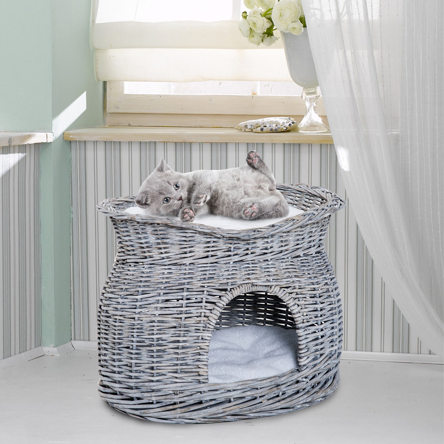 PawHut Katzenkorb mit 2 Kissen grau 56 x 37 x 40 cm (LxBxH)