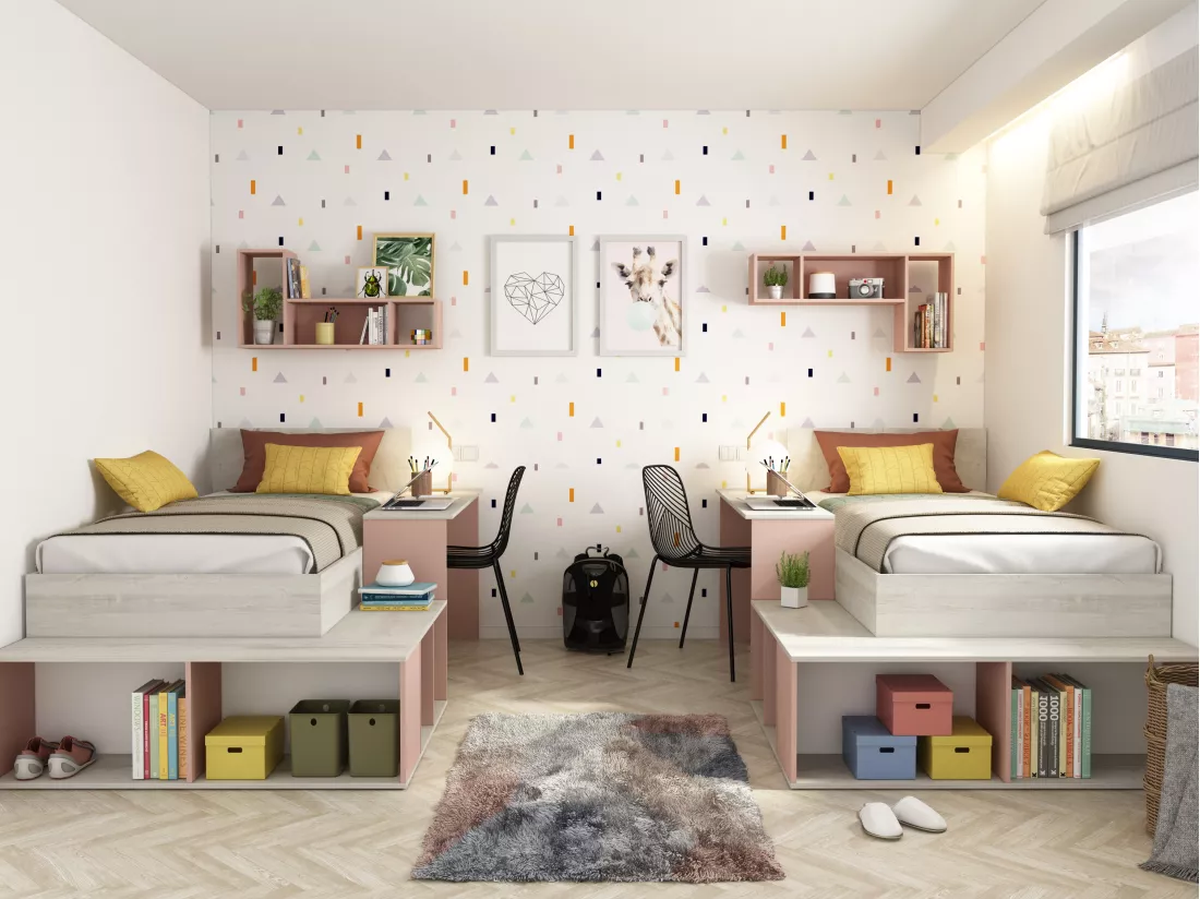 Lit combiné 90 x 200 cm avec rangements et bureau - Coloris : Naturel et rose + Sommier - RIGALI
