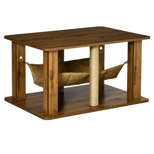 Mesa de centro lateral PawHut com rede e 2 arranhadores, marrom, para gatos.