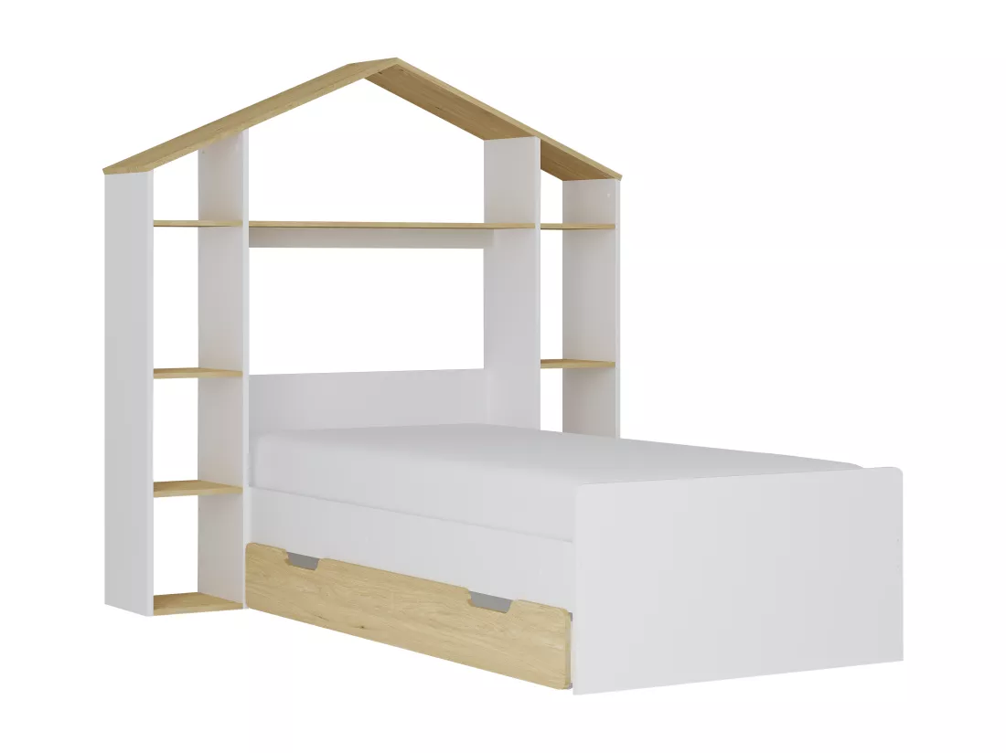 Lit cabane 90 x 190 cm - Coloris : Blanc et naturel - JERACO