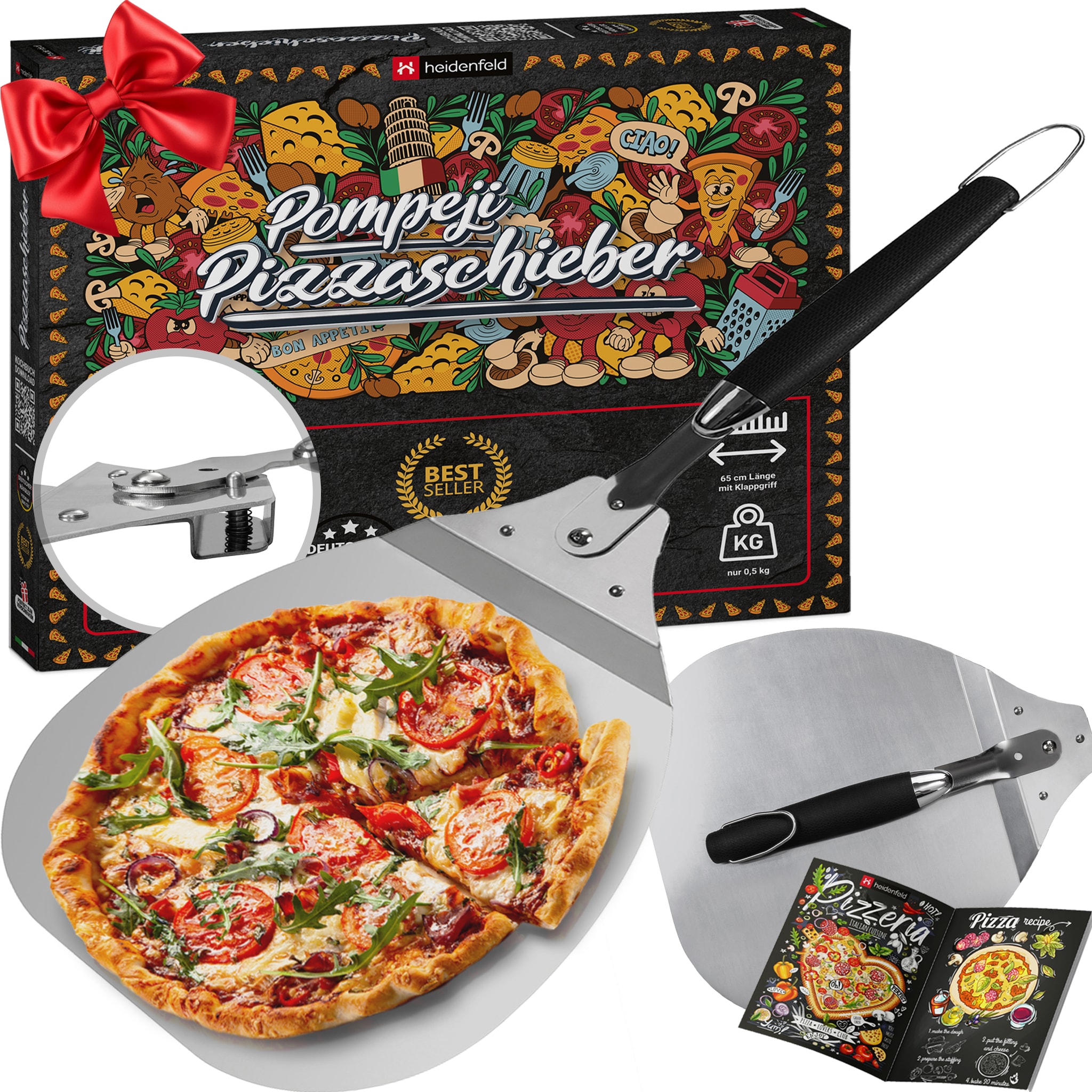 Heidenfeld Pizzaschieber Pompeji, klappbar, Aluminium + Gummi, Pizzaschaufel mit TPR-Griff