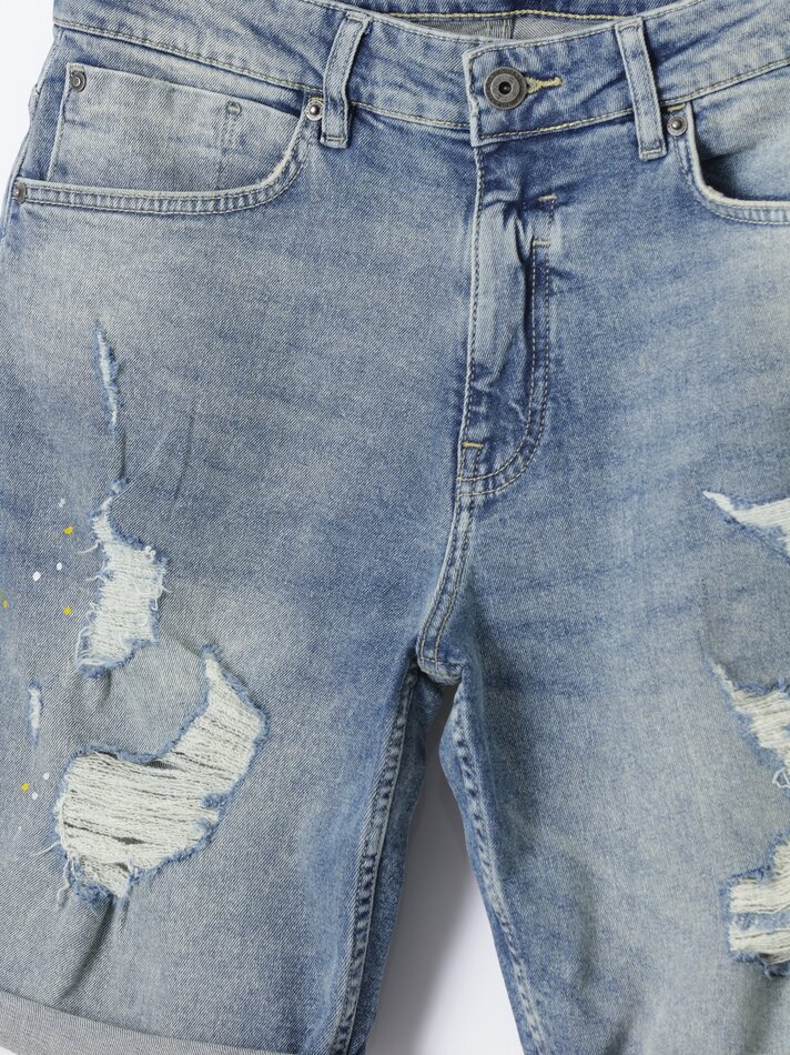 Shorts jeans slim confortáveis com rasgos - Índigo