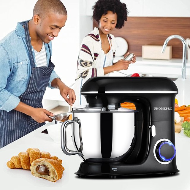 Batedeira de pedestal uhomepro de 7,5 QT para cozinha, 6 velocidades + 0 + P, cabeça inclinável, 660 W, batedeira elétrica para massa, uso doméstico e comercial, com gancho para massa, batedor, batedor de ovos, espátula, própria para lava-louças.