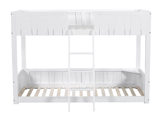 Lit superposé 90x200 cm, avec échelle à trois marches, étagères ouvertes, barrière de sécurité, blanc