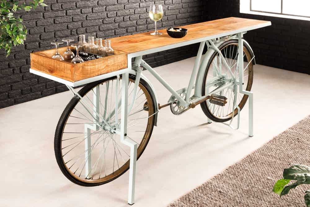 Retro Konsolentisch BICYCLE 190cm salbei natur Mangoholz Fahrrad Bartisch Upcycling