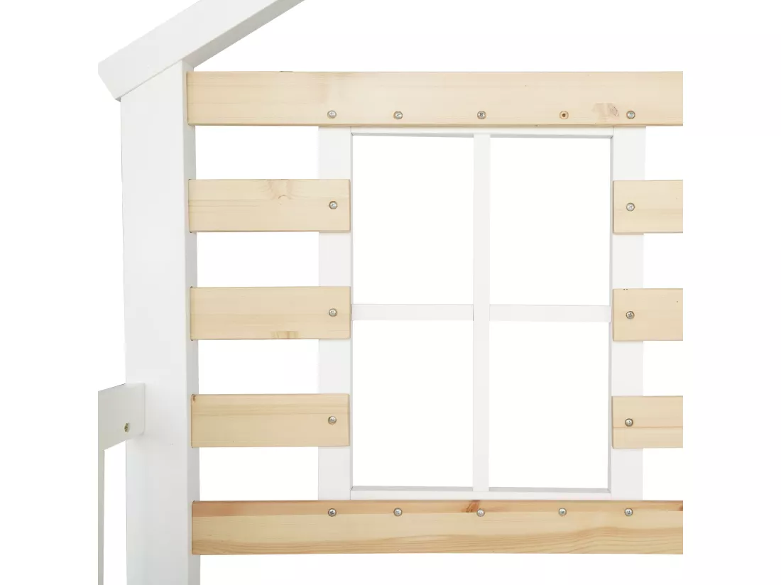 Lits superposés enfant 2x90x200cm, cadre en bois massif, décor avec fenêtre, avec toboggan et sommier à lattes, blanc