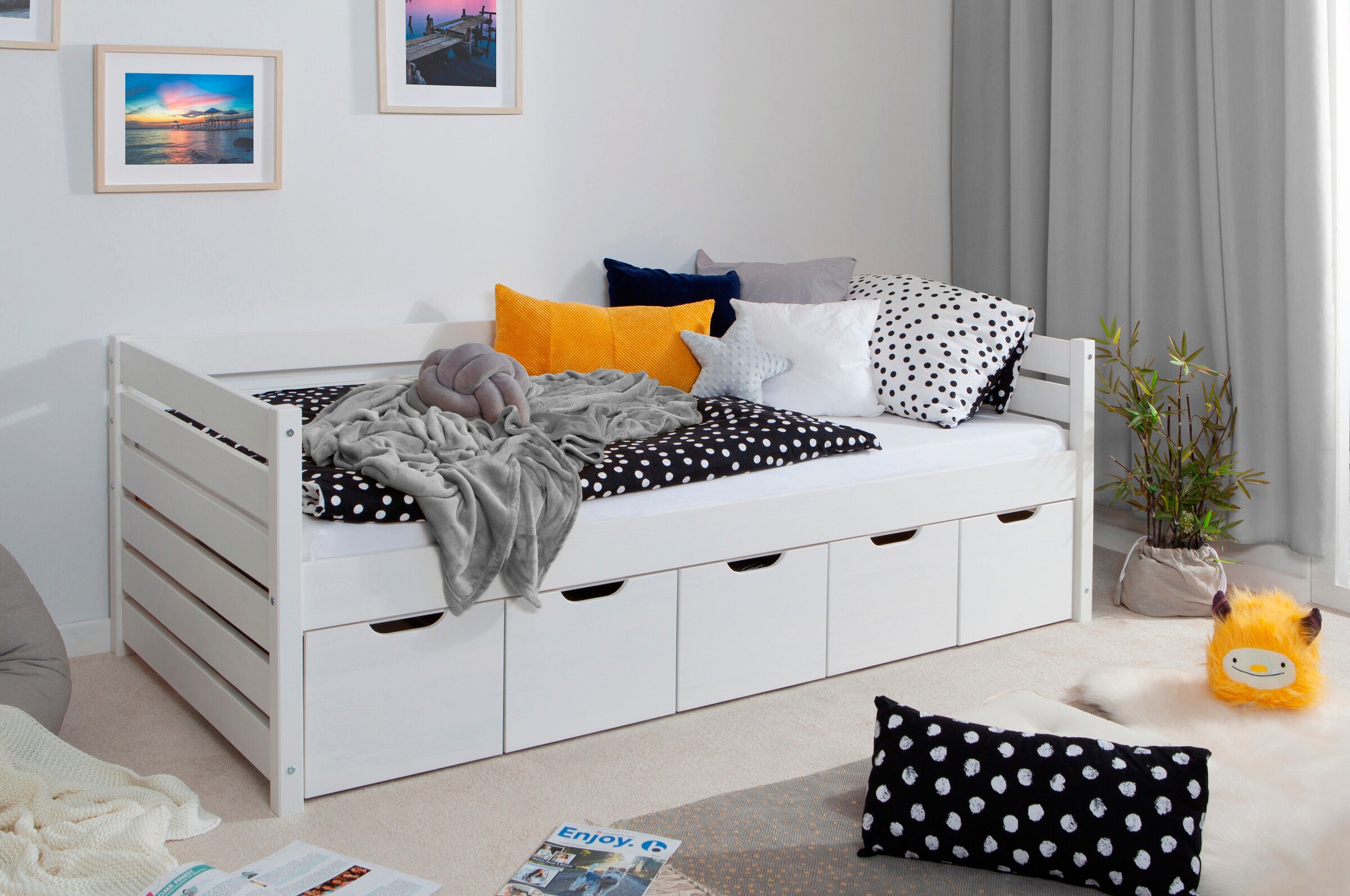 Ticaa Sofabett Naomi inkl. 5x Schubkästen, 90x200 Weiß