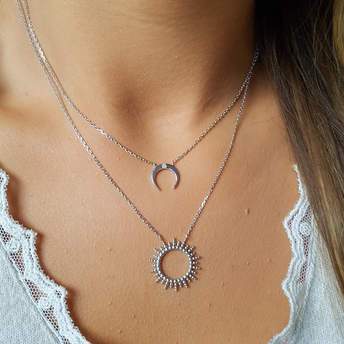 Collier Fin Argent Pendentif Lune Pierre Precieuse Zirconium