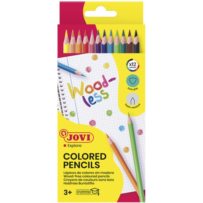 Crayon couleur jovi woodless triangulaire mine resistante  haut pouvoir couvrant inodore couleurs vives etui 12 unites