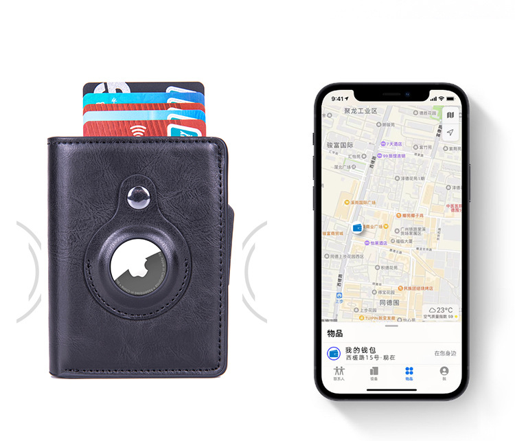 Apple AirTag Mini Wallet Kreditkarten Portemonnaie Leder Geldbörse mit Kartenauswurf-Mechanismus für 10 Karten - Schwarz