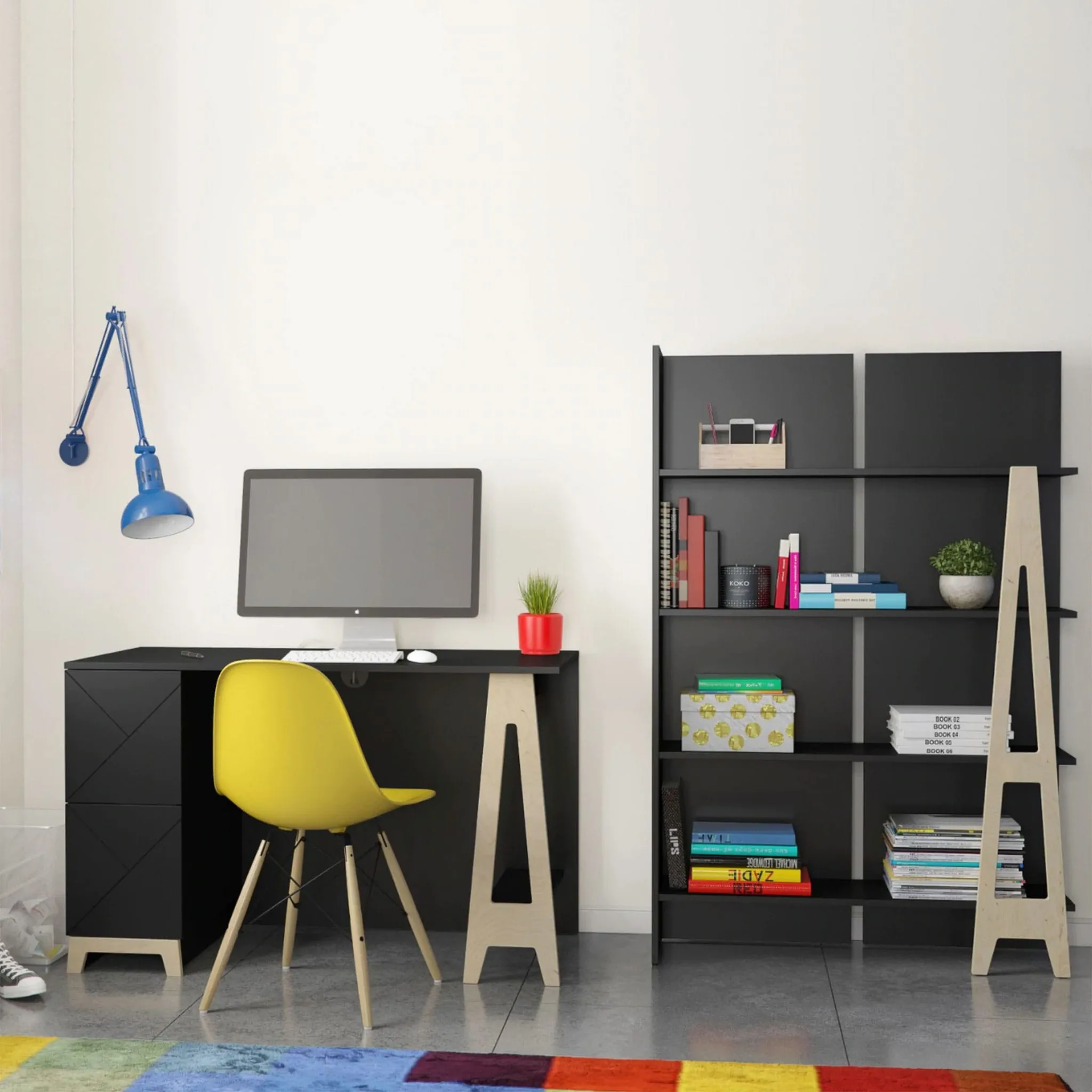 Nexera Ensemble Bureau et Bibliothèque Atypik - Noir  Contreplaqué de Merisier