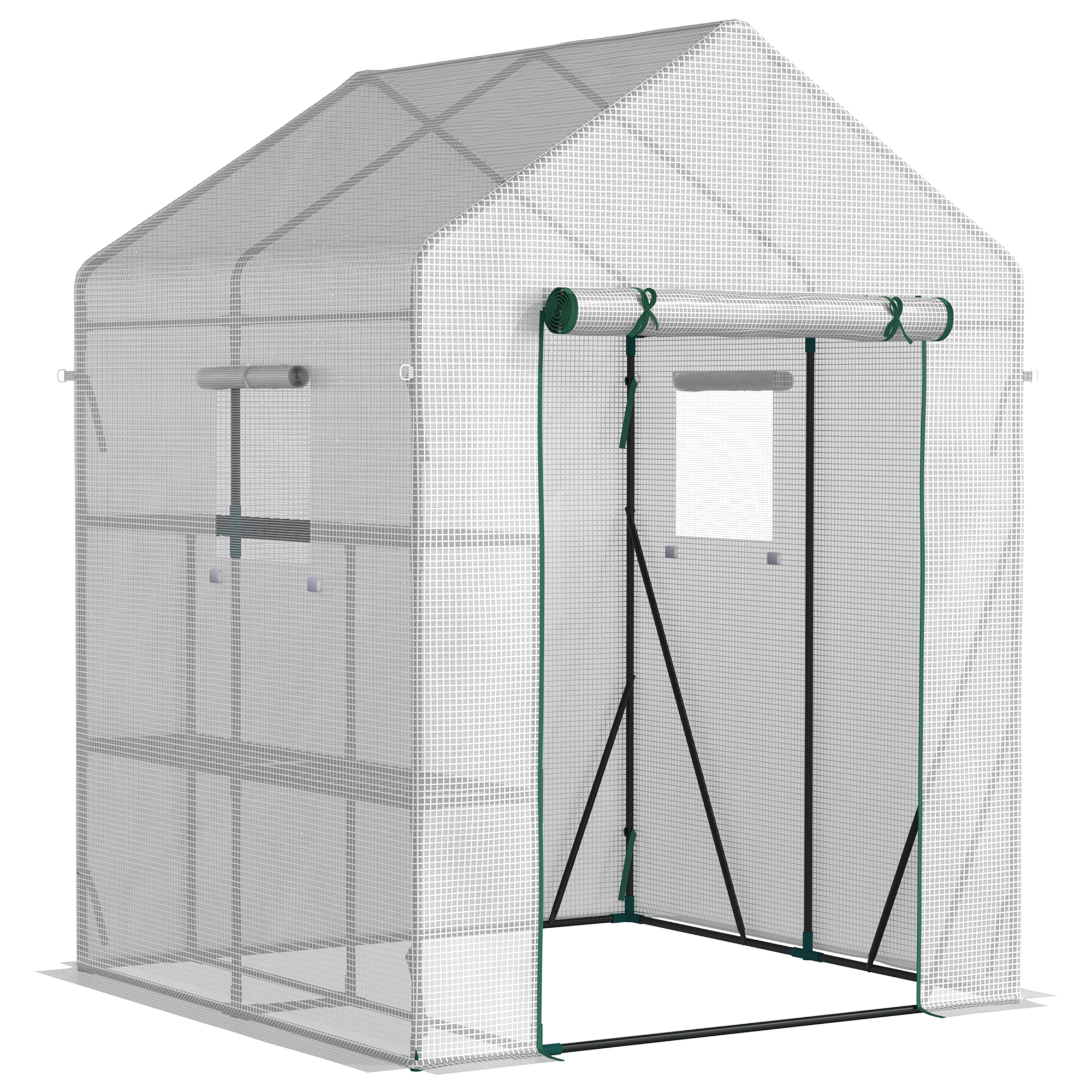 Estufa de jardim Outsunny 143x143x195 cm em aço com 4 prateleiras, porta e 2 janelas de enrolar para cultivo de plantas, vasos e flores, ideal para áreas externas, pátios e varandas. Cor: branca.