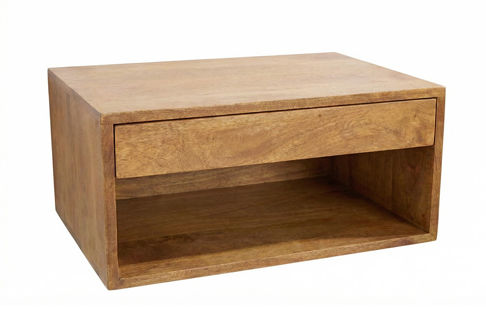 Hängender Nachttisch PURE 50cm braun Mangoholz honey finish Wandregal Schublade