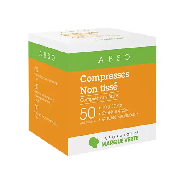 Marque Verte Compresses Stériles en Non Tissé 10cm x 10cm 50 x 2 compresses