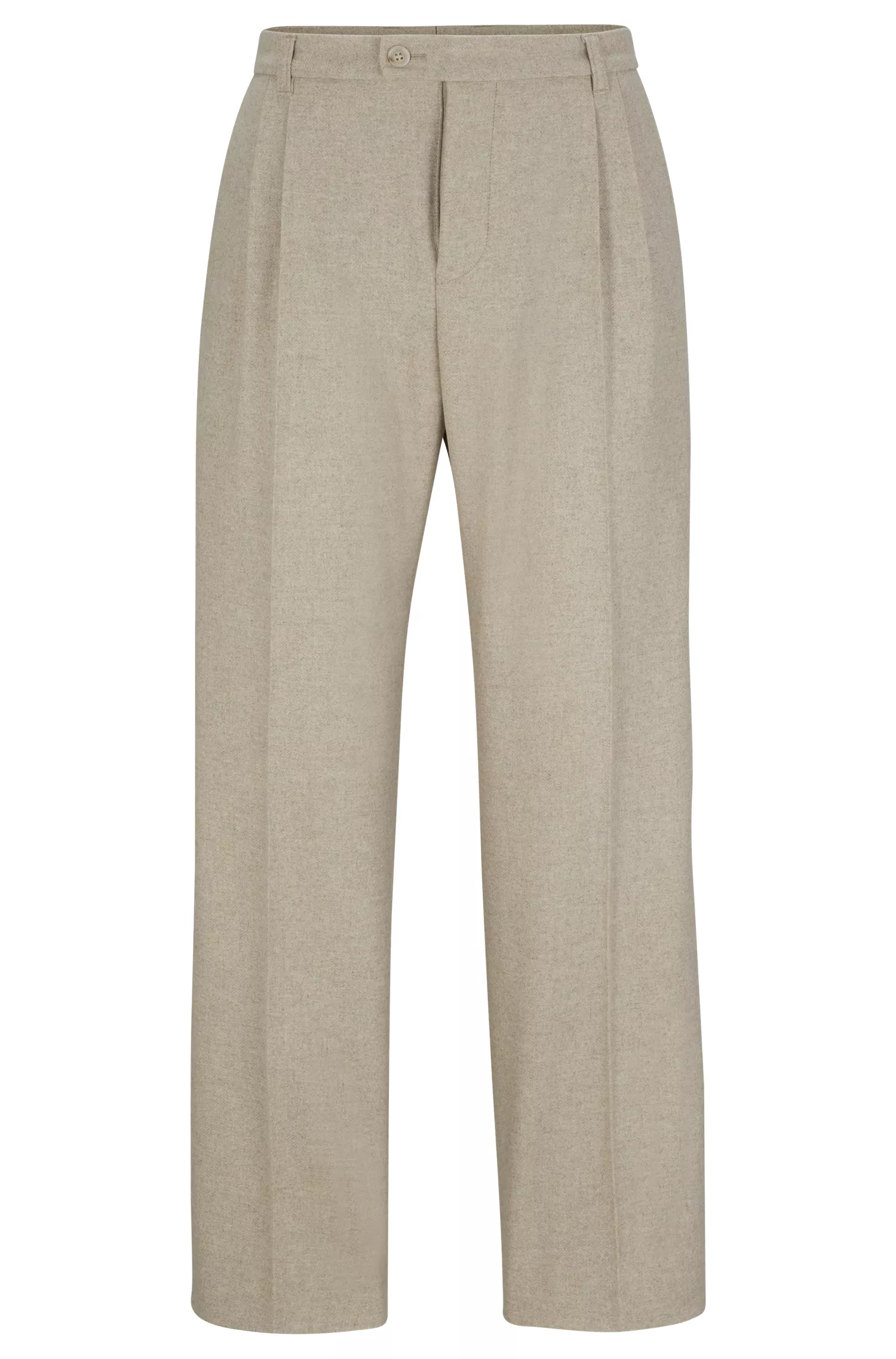 Calça BOSS preta, unissex, corte relaxado, em lã mesclada.