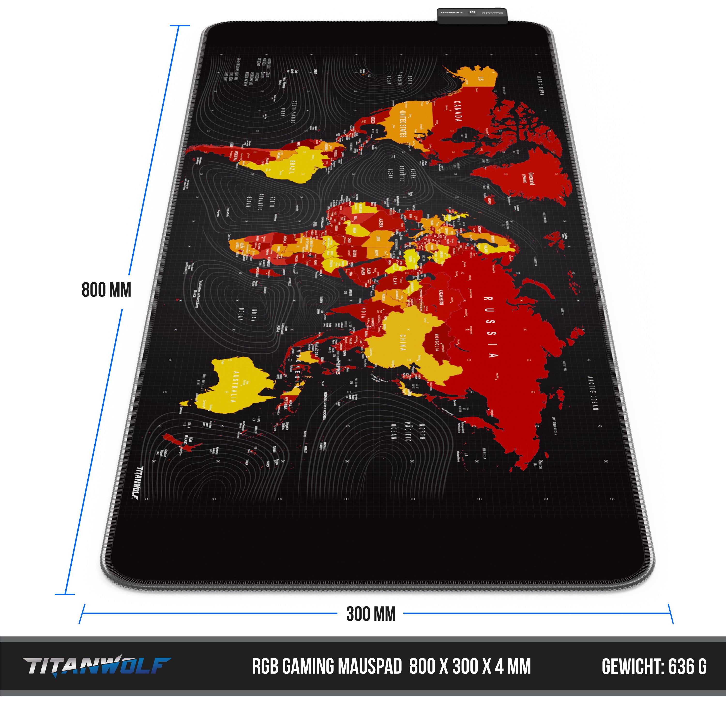 Titanwolf RGB Gaming Mauspad, Mousepad XL 800 x 300mm verbessert Präzision & Geschwindigkeit, Weltkarte rot