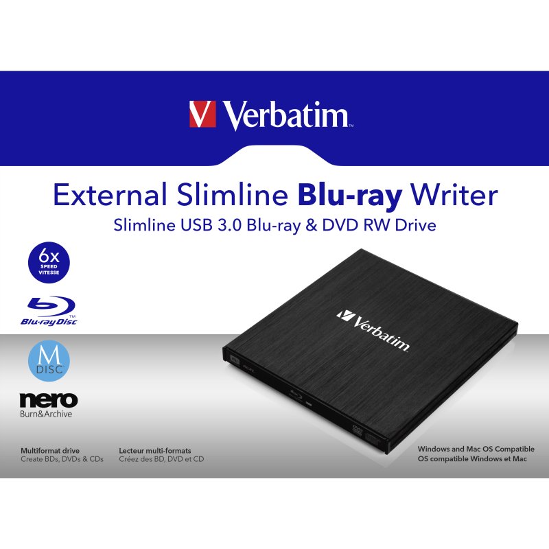 Verbatim External Slimline lecteur de disques optiques Blu-Ray RW Noir