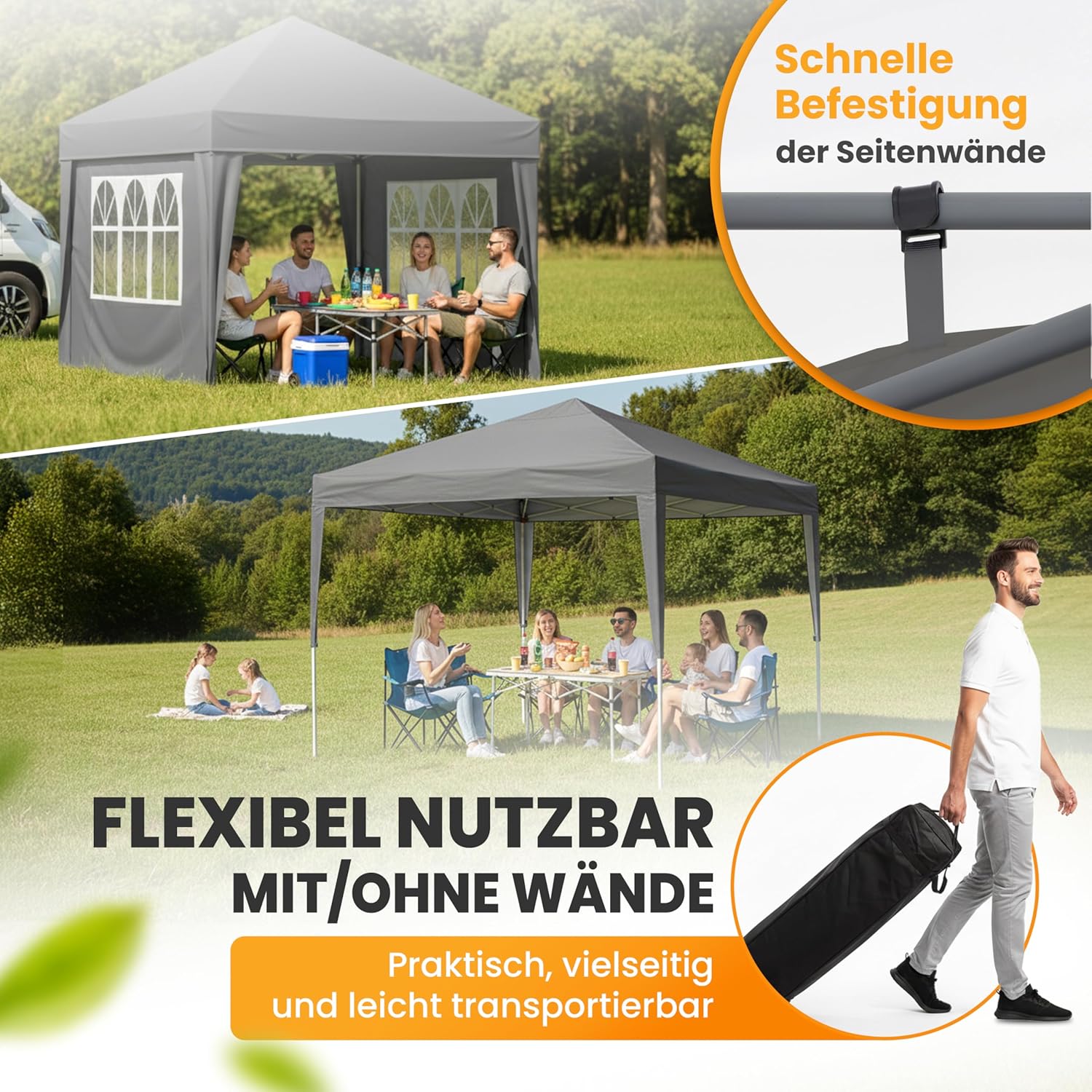 Pavillon 3x3 Wasserdicht Stabil Winterfest und UV 50+ Schutz - Faltpavillon mit Seitenwänden - Pop Up Zelt für Garten, Camping, Märkte - Gartenpavillon (Grau, 3x3m)