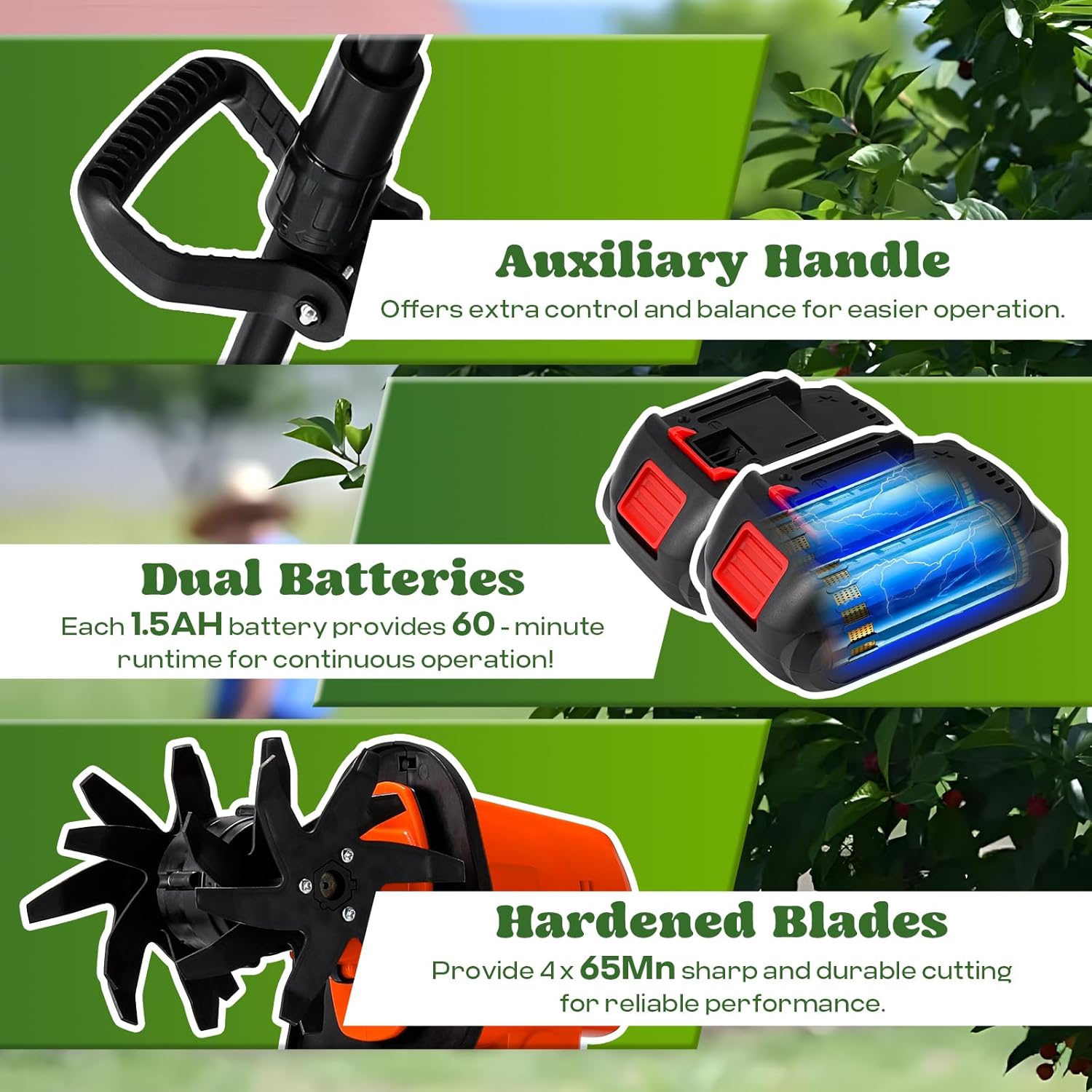 Moongiantgo 2-in-1 Akku-Motorhacke & Kultivator, Handheld/Stangenmontage mit 4 gehärteten Stahlmessern, 21V Dual-Akku für Bodenlockerung, Jäten & Furchen, 10cm Tiefe/Breite, 2×1500mAh