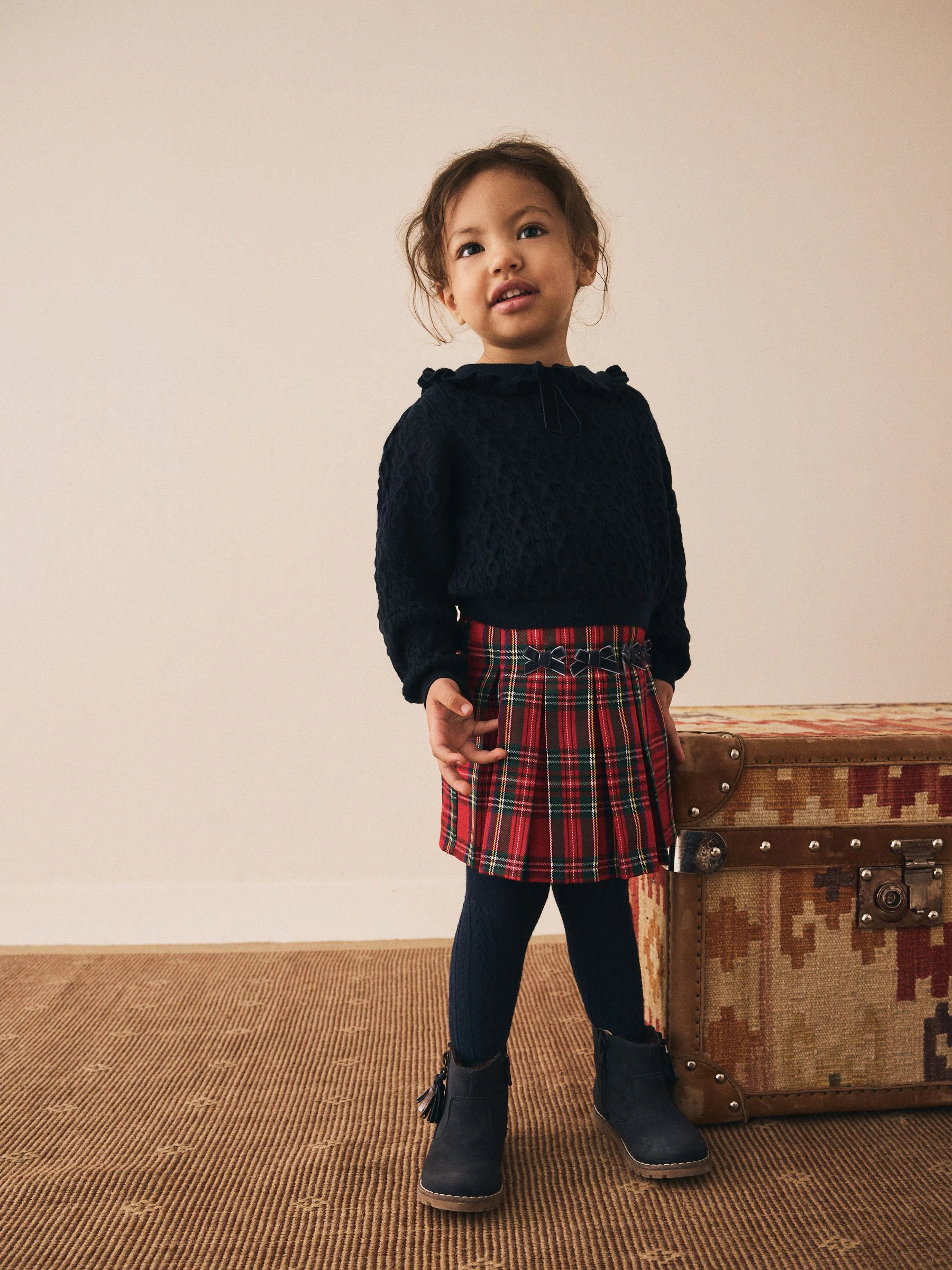 Rood - Tartan Bow Skirt with Navy Tights (3mths-7yrs)