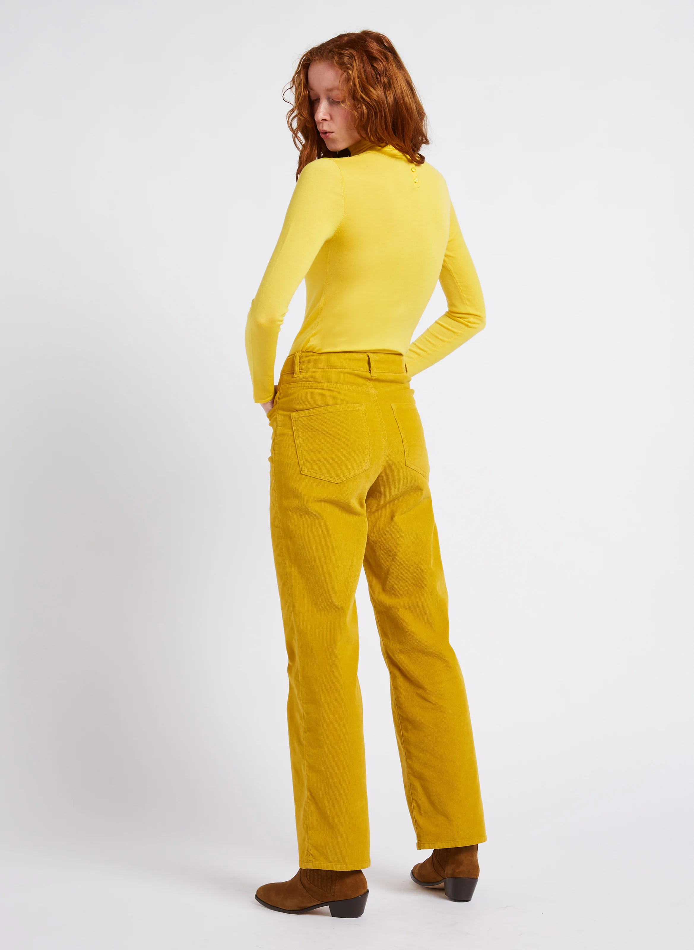PERRINE - Pantalon droit en coton côtelé | Jaune