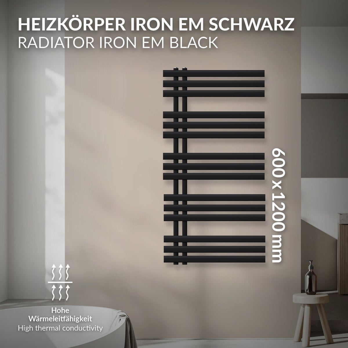 LuxeBath Design Badkamerradiator Iron EM 600 x 1200 mm, Mat Zwart, Designradiator Paneelradiator Platte radiator Handdoekverwarmer Handdoekdroger Badkamer/Woonkamerverwarming, incl. Montageset