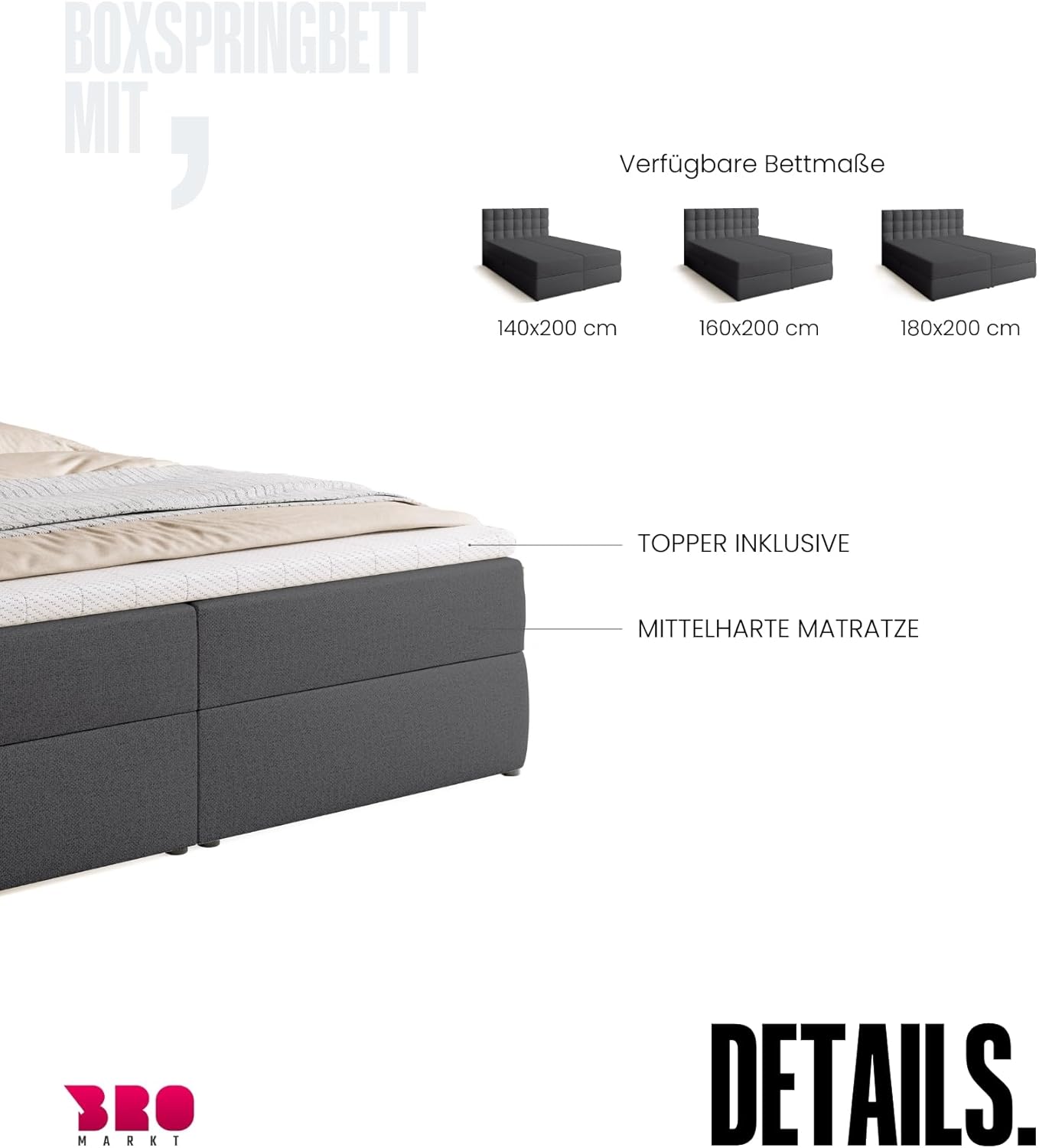BROMARKT Boxspringbett mit Bonell Matratze und Bettkasten Doppelbett mit Topper 180x200cm Härtegrad H3 Bett für Schlafzimmer gepolsterte Kopfstütze Detroit Dunkelgrau