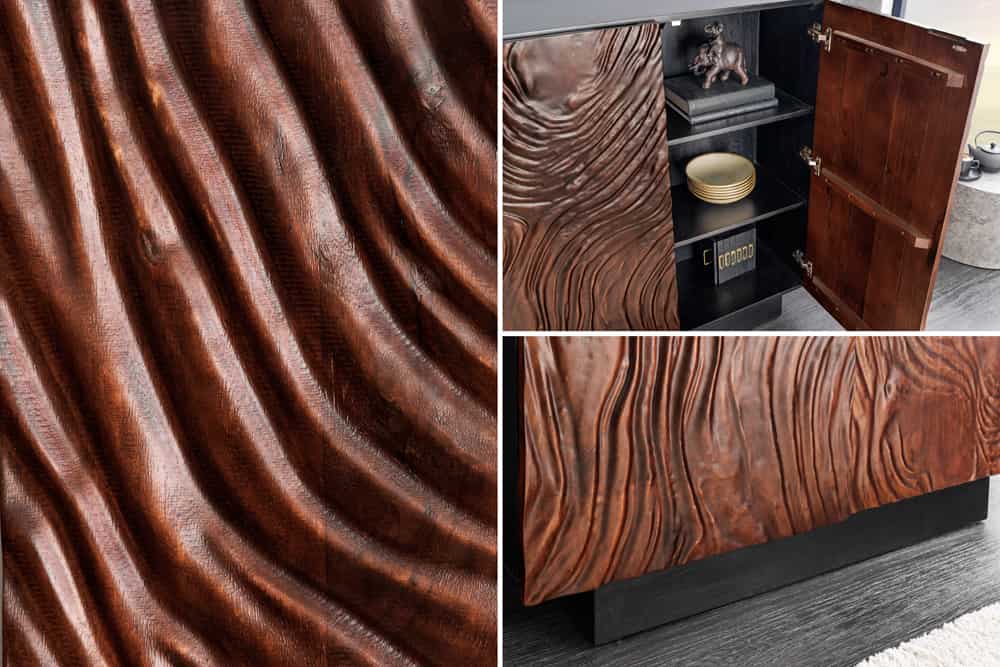 Massives Highboard FLUID 110cm walnuss-braun Akazienholz aufwendiges 3D-Design