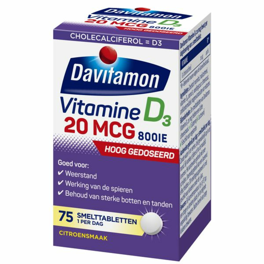 2x Davitamon Vitamine D3 20MCG Hoog Gedoseerd75 smelttabletten