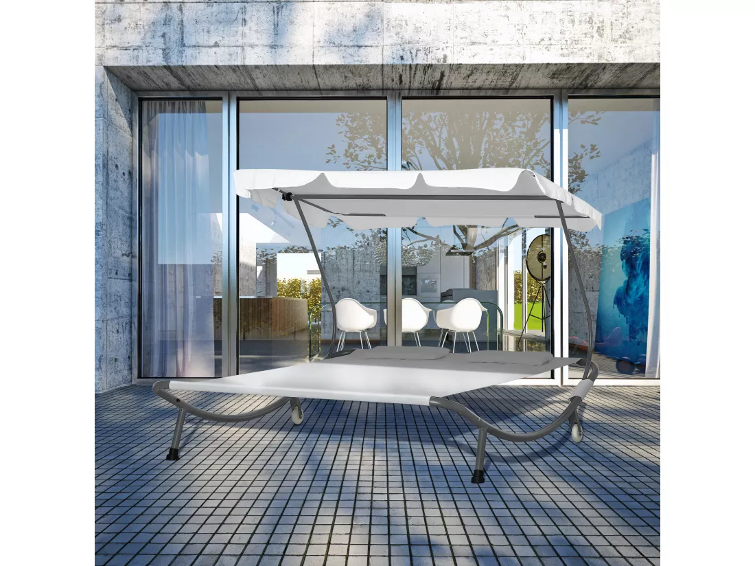 Bain de soleil 2 places lit de jardin design contemporain toit réglable 2 roulettes 2 oreillers acier époxy polyester crème